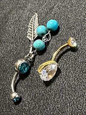 142.  Two Prong Set CZ & Blue Stone Feather Dangle Navel Belly Bars